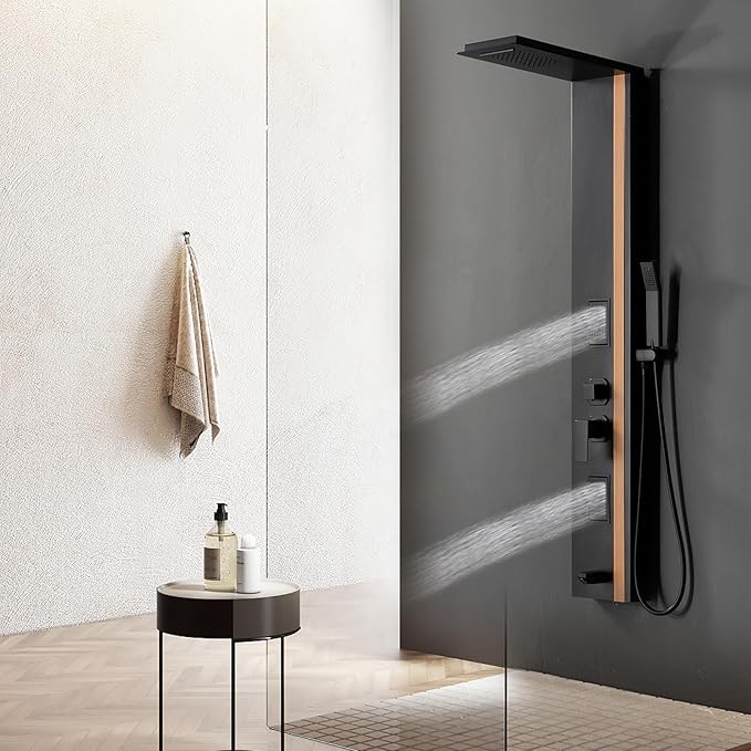BWE Shower Tower Bathroom Shower Panel System Stainless Steel Multi-Function Shower Panel with Rainfall Waterfall Shower Head Massage Jets Tub Spout, Black