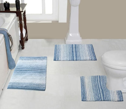 Home Weavers 100% Cotton Gradiation Collection Bathroom Décor | Washable Rug | Bathroom Mat | Kitchen Mat | Bathroom Rug Set | Bath Mat Set | Bath Floor Mat Non Slip, 3 Piece Set with Contour, Blue