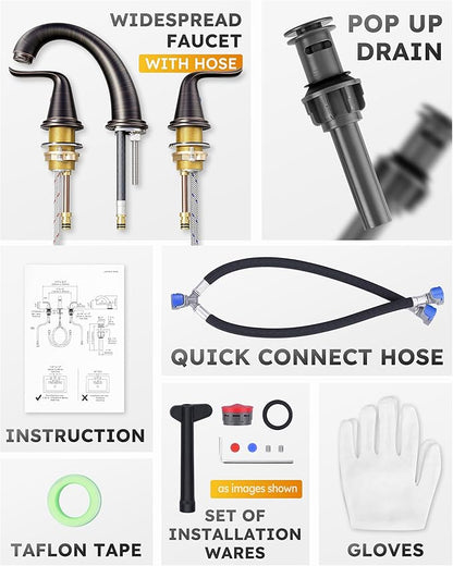 WOWOW Widespread Bathroom Faucet Oiled Rubbed Bronze Bathroom Sink Faucet 3 Hole Vanity Faucets 2 Handle Basin Faucet 8 Inch Mixer Tap with Pop Up Drain and Supply Hose