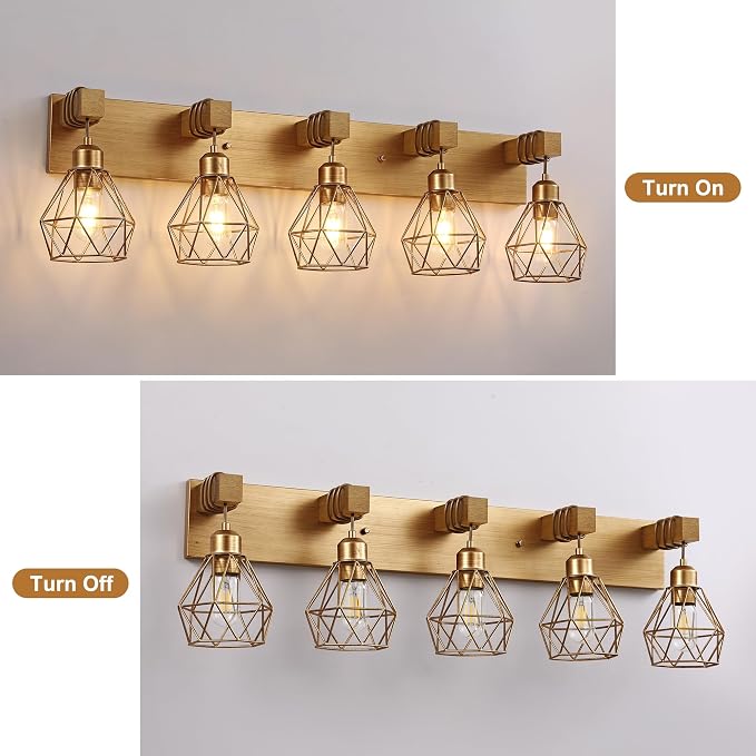 maesta 5 Light Bathroom Vanity Light, Farmhouse Gold Fixture Over Mirror | Farmhouse Bathroom Light Fixtures, Wood & Metal, Anti-Rust, Easy to Install for Rustic Bathroom Hallway