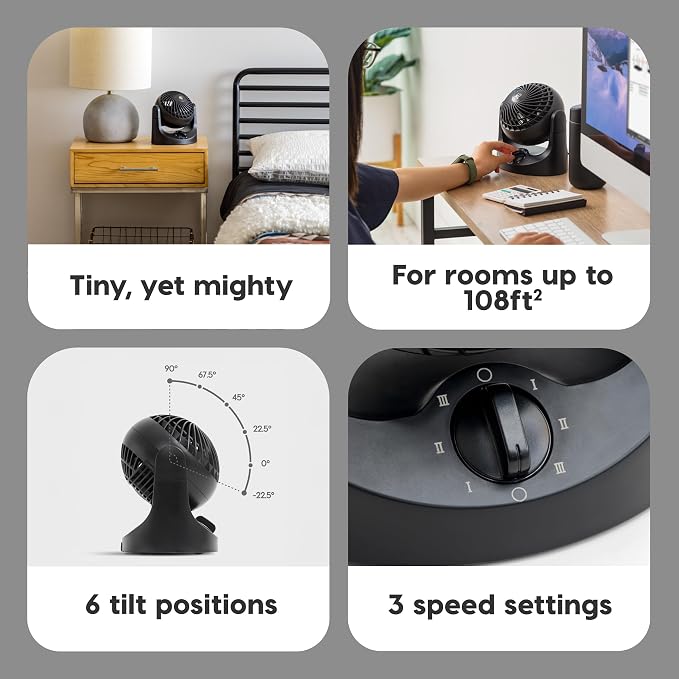 IRIS USA WOOZOO Mini Desk Fan, Dorm Bedside Office, Quiet, 112° Tilt, Black | 32ft Max Air Distance, 108ft² Coverage, 112° Adjustable Vertical Tilt, 27db