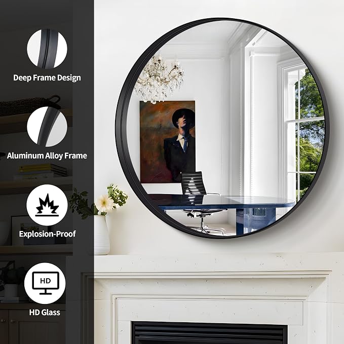 Black Round Mirror 32 inch Deep Frame Circle Mirror, Metal Framed Bathroom Mirror, Round Vanity Mirror, Circle Mirrors for Wall Entryway Bedroom Living Room Hallway