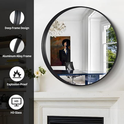 Black Round Mirror 32 inch Deep Frame Circle Mirror, Metal Framed Bathroom Mirror, Round Vanity Mirror, Circle Mirrors for Wall Entryway Bedroom Living Room Hallway