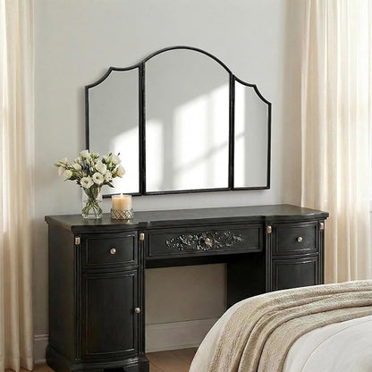 Besdomus Black Scalloped Vanity Mirror: 36"x24" Three Sided Dresser Miror | Classical Minimalist Wooden Arched 3 Way Trifold Mirror for Bedroom/Cloakroom/Dressing Room/Wall - Home Decor for Housewife