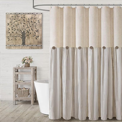 Farmhouse Shower Curtain Linen Beige Button Brown Stripe 72"W x 90"L | Farmhouse Style, Chic Button, Striped, Linen Fabric, Rustic, Country, Natural Look, Washable, for Bathroom Bathtub