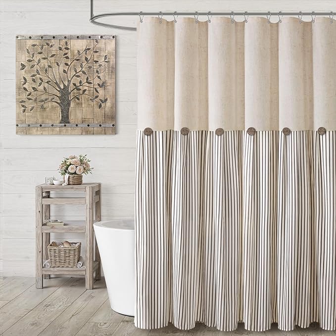 Farmhouse Shower Curtain Linen Beige Button Brown Stripe 48"W x 72"L | Farmhouse Style, Chic Button, Striped, Linen Fabric, Rustic, Country, Natural Look, Washable, for Bathroom Bathtub