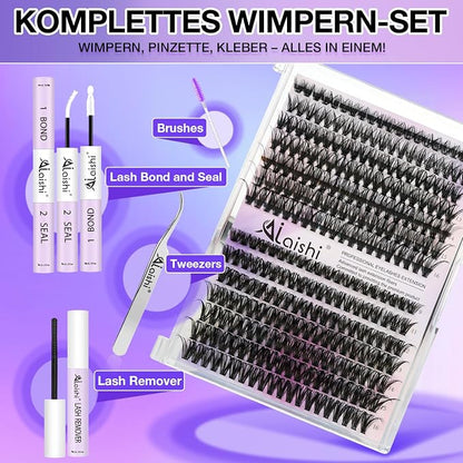 Lash Clusters Kit, DIY Cluster Eyelash Extensions 9‑16mm, 60D+80D+100D, 224pcs Fluffy D Curl Natural Lashes with Bond & Seal,Remover,Tweezers,Brush–Fake Cat Eye Individual Clusters