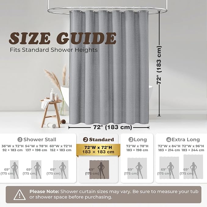 Seasonwood Grey Linen Shower Curtain Farmhouse Bathroom Decor 72x72 Inches | Boho Bathroom Decor,12 Sturdy Stainless Steel Sliding Hangers,Rustic Country Style,Linen Shower Curtains for Bathroom