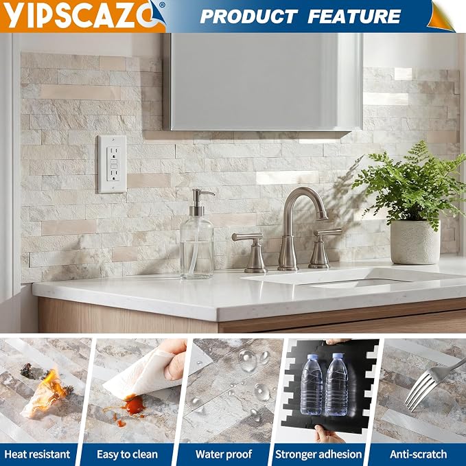 5 - Sheet Peel and Stick Backsplash Wall Tile, PVC Kitchen Backsplash, Stick on Tiles for Backsplash Kitchen (12'' X 12'', Beige Rocks + Rose Gold)