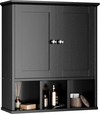 Bathroom Wall Cabinet, Bathroom Cabinet Wall Mount with 2 Doors and 3 Open Shelves, Over the Toilet Wood Medicine Cabinets for Laundry Room, Black