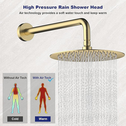 Brushed Gold Shower Faucet Set with Valve 10 Inches High Pressure Shower Head Combo Set Wall Mount Rain Shower Head System with 6 Function Handheld