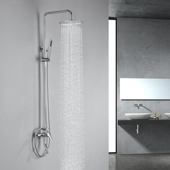 Outdoor Shower Fixtures - Total Complete Shower Kit, Chrome Finish with SS304 Handheld High Pressure Shower Head, 3-Functions