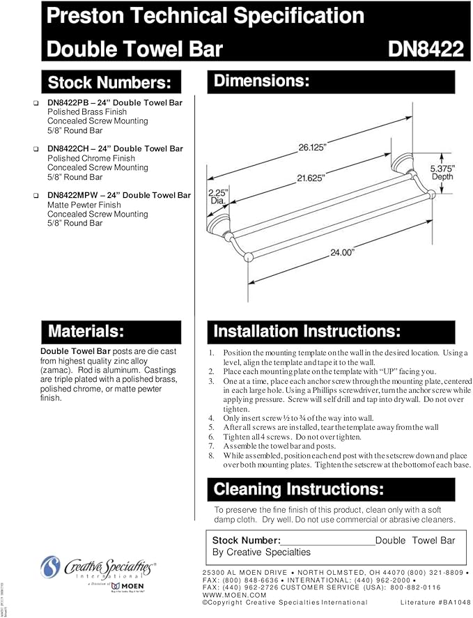 Moen DN8422CH Preston 24-Inch Bathroom Double Bar Towel Bar 5.38-Inches Deep, Chrome