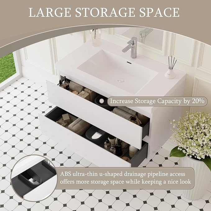 Floating Bathroom Vanity with Sink, 36" Wall-Mounted Bathroom Vanity | Resin Top Basin and Soft Close Drawers, No Assembly Required, Glossy White