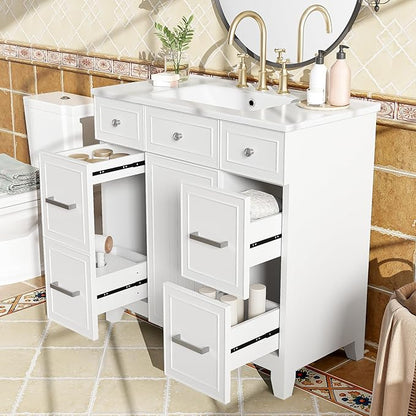 Favfurish 36" Bathroom Vanity with Ceramic Sink,Undermount Single Basin Bath Vanity Set w/Soft Closing Door and 3 Drawers,Modern Freestanding Storage Cabinet,Solid Wood Frame,White
