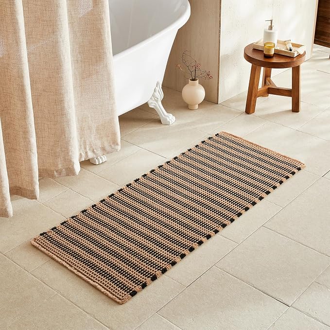 TYUU Waffle Runner Rug Bathroom, Long Boho Bath Mat, 60x24 Black & Khaki | Super Absorbent Quick Dry Bath Rug, Non-Slip Backing, Soft Waffle Washable Farmhouse Bathroom Mats, Tub, Shower & Home Decor