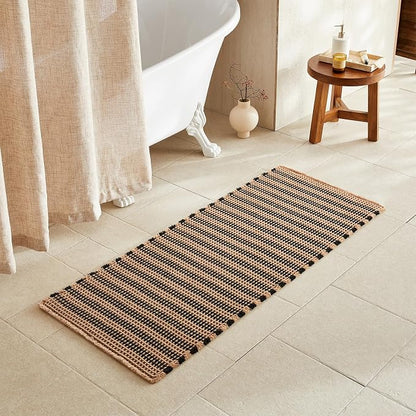 TYUU Waffle Runner Rug Bathroom, Long Boho Bath Mat, 60x24 Black & Khaki | Super Absorbent Quick Dry Bath Rug, Non-Slip Backing, Soft Waffle Washable Farmhouse Bathroom Mats, Tub, Shower & Home Decor