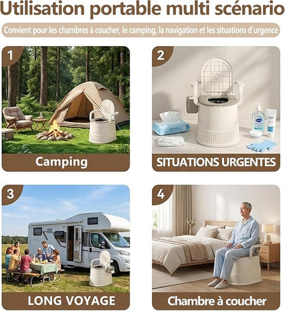 Portable toilet seat with armrests, with lid, with tissue holder, with seat function, robust, easy to clean, no power connection required, suitable for indoor and outdoor use (Khaki)