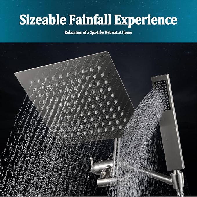 All Metal For California Rain Shower Head with Handheld Spray Combo, YDmeet 8 Inch Rainfall Shower Head, 14" Adjustable Extended Arm, Stainless Steel Handheld, 3 Way Diverter, 71" Hose, Brushed Nickel