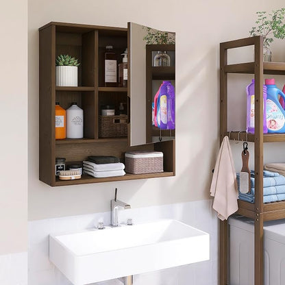 SMIBUY Bathroom Mirror Cabinet Wall Mounted, Bamboo Space Saver Medicine Cabinet, Wall Hanging Over Toilet Storage Cabinet with Mirror Door and Adjustable Shelf (Walnut)