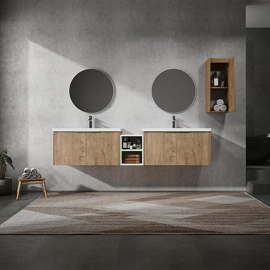 Henf 84" Floating Double Sink Bathroom Vanity Brown Wall Mount Bathroom Vanity Cabinet with Sink Combo, 84-Inch Bathroom Vanities Set with Open Storage Shelf & Side Cabinet & 2 36in Bathroom Vanities