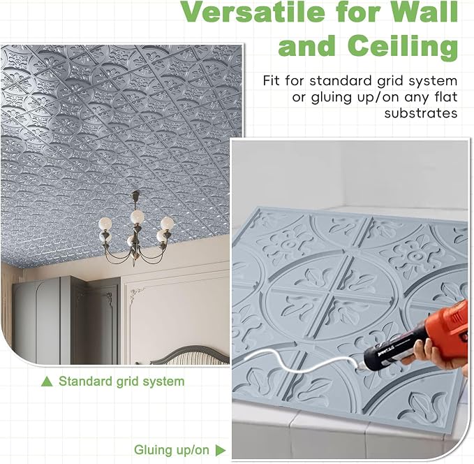Art3d Drop Ceiling Tiles 2x2, Glue-up Ceiling Panel, Fancy Classic Style in Gray
