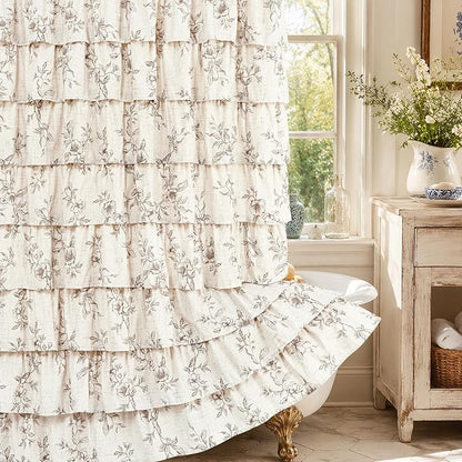 Farmhouse Floral Shower Curtain, Ruffle Bathroom Curtains, 72"Wx72"L | Brown Floral Print, Ruflle Design, 12 Metal Hooks, Vintage Rustic Washable Waterproof Shower Curtain for Bathroom Bathtub