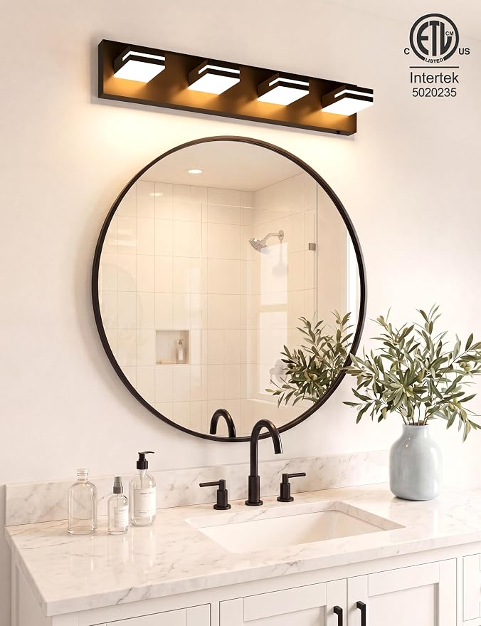 VOLISUN Modern 30-Inch 4-Light Black LED Bathroom Vanity Light Fixtures Over Mirror, 5CCT Dimmable, ETL Certificated