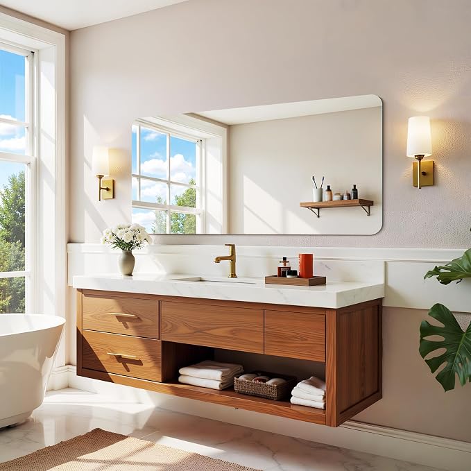 CILIBER Frameless Mirror, 24x48 Inch Rectangle Bathroom Mirror Rounded Corner, 3mm Tempered Glass Frameless Vanity Mirror with Polished Edge for Over Sink, Bedroom, Entryway, Vertical or Horizontal