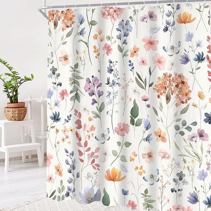 Boho Flower Extra Long Wildflower Girly Floral Bathroom Shower Curtain Set | 72"W x 84"H Leaves Botanical; waterproof HD print, quick-dry fabric and plastic hooks for easy setup.