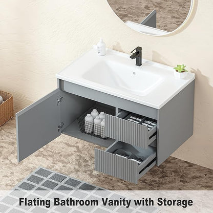 Floating Bathroom Vanity 32 Inch, Wall Mounted Bathroom Vanity with Ceramic Sink and 2 Drawers for Storage, Modern Wave-Carved Design Wooden Sink Cabinet, Grey