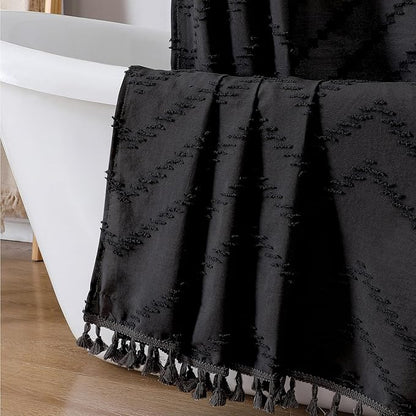 Boho Shower Curtain, Black Fabric Cloth Shower Curtains Farmhouse Tufted Chevron Striped Textured with Tassel for Bathroom, Soft Hotel Style Modern Minimalist, Machine Washable, 72x72, Black
