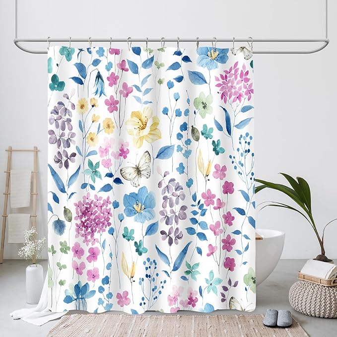 Extra Long Shower Curtain 72 x 96 Inch, Floor to Ceiling X-Long Blue Pink Floral Shower Curtains, Watercolor Flower Butterfly Fabric Shower Curtain Set with Hooks