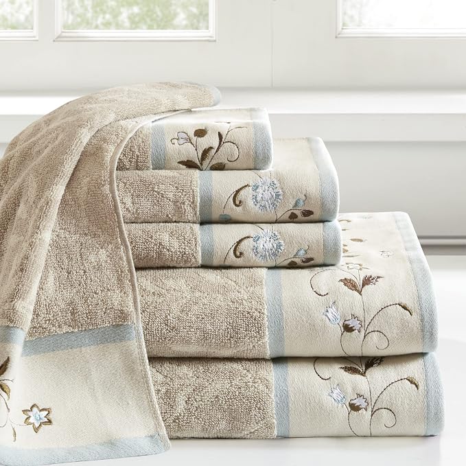 Madison Park Serene 100% Cotton Bath Towel Set Luxurious Floral Decorative Towels for Bathroom Embroidered Cotton Jacquard Design Soft Highly Absorbent for Shower 600 GSM, Multi-Sizes, Blue 6 Piece | Luxurious Floral Decorative Towels for Bathroom, Emb...