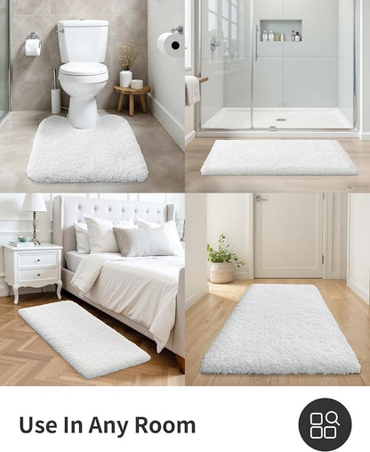 ILANGO White Bathroom Rugs 60" × 24" Non Slip & Super Absorbent Extra Thick Soft, Washable Bath Carpet Runner for Floor, Microfiber Plush Shaggy Bath Mats with Rubber for Bedroom Bathtub Shower Room
