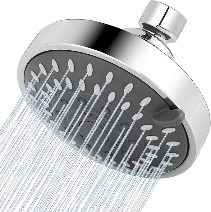 Voolan High Pressure Shower Head - 4 Inch Rain Showerhead - High Flow Bathroom Shower with 5 Spray Settings For a Luxury Showering Experience Even with Low Water Pressure (Chrome)