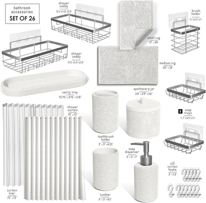 Clara Clark White Bathroom Set - Bathroom Sets with Shower Curtain and Rugs, 26PC Bathroom Accessory Set, Shower Curtain Set with Adhesive Corner Shower Caddy Hanging & Soap Dispenser