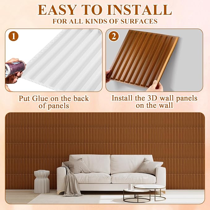 Nuanchu 32 Pcs 3D Wall Panels, 12"x12" PVC Fluted Tiles, Walnut | Waterproof Accent Panels, Paintable Wall Tiles, for TV Background, Bedroom, Bathroom, Gaming Room, Cuttable Home DIY Decor