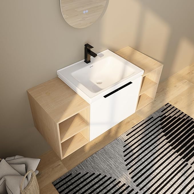 48 Inch Bathroom Vanity with Sink Combo, Wall-Mounted Bathroom Vanity with Soft Close Doors&2 Side Shelf,Modern Floating Bathroom Vanity with Top Basin & Storage Cabinet,White