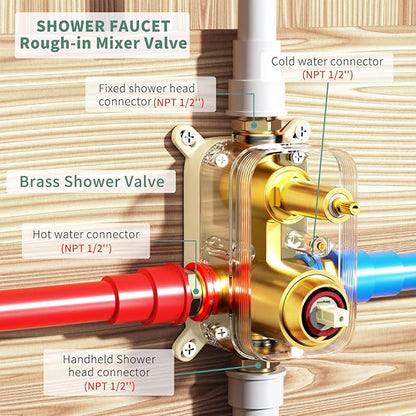 Suncleanse Gold Shower Faucet Sets - 8.5" Rain Shower Head Combo with 7-Setting handheld Spray Complete Shower System - Rainfall Shower Fixtures with Rough-in Valve and Trim Kit for Luxury Bathroom