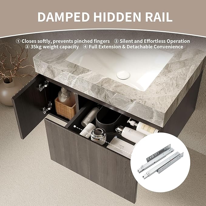 Bathroom Vanity with Sink 30 Inch, Floating Bathroom Vanity Sink Cabinet with Drawer and Door, Undermount Sink & Light Gray Sintered Stone Top, Pre-Assembled,Espresso