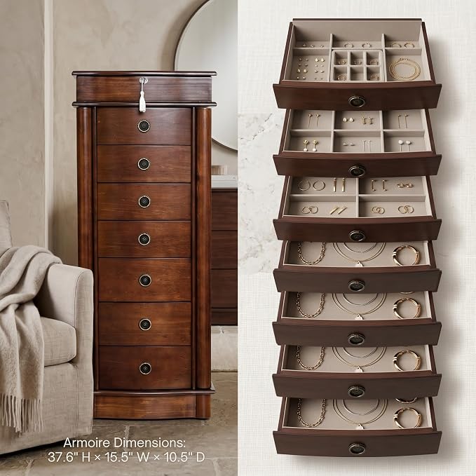 Hives and Honey Nora Jewelry Armoire Cabinet with Mirror – 7 Drawers, Locking Top, Necklace Hooks, Anti-Tarnish Felt – Traditional Standing Jewelry Organizer for Women, Walnut