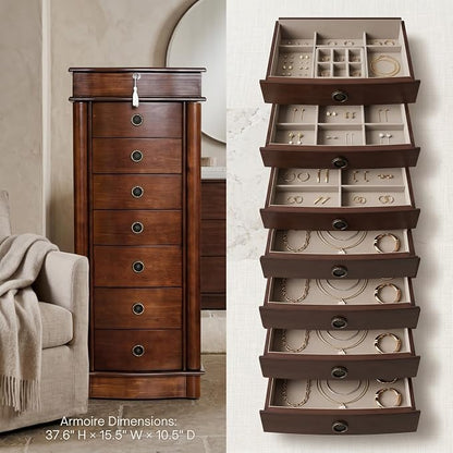 Hives and Honey Nora Jewelry Armoire Cabinet with Mirror – 7 Drawers, Locking Top, Necklace Hooks, Anti-Tarnish Felt – Traditional Standing Jewelry Organizer for Women, Walnut