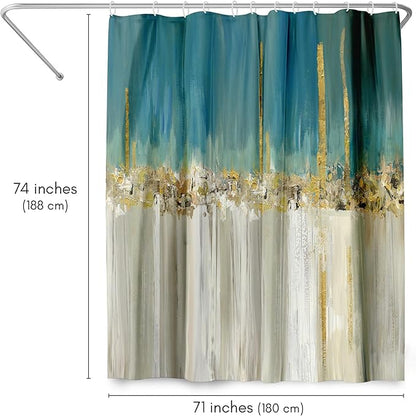 Americanflat 71x74 Modern Batik Shower Curtain - Water-Resistant Long Shower Curtain with Durable Metal Grommets and 12 Hooks - 100% Polyester - Teal Blue, Ivory, Gold and Greige