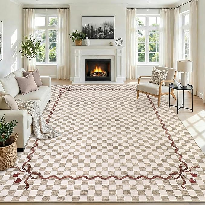Garvee Washable Coquette 9x12 Area Rug for Living Room Neutral Non Slip | Checkered Cherry Soft Large Bedroom Rugs Farmhouse Low Pile Foldable Stain Resistant Carpet for Nursery Grils Classroom