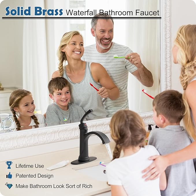 Black Waterfall Bathroom Faucet 1 Hole, Brass Bathroom Sink Faucets 4 Inch 3 Hole Single Handle with Pop-up Drain, Pre-Installed cUPC Water Hose, Deck Plate for Vanity, Farmhouse, Lavatory