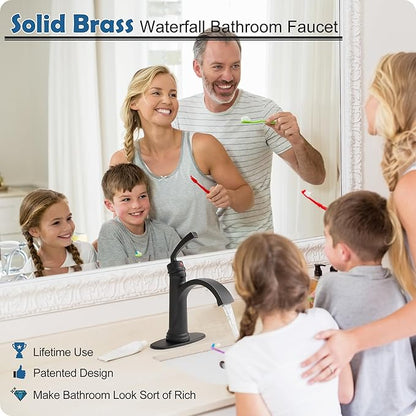 Black Waterfall Bathroom Faucet 1 Hole, Brass Bathroom Sink Faucets 4 Inch 3 Hole Single Handle with Pop-up Drain, Pre-Installed cUPC Water Hose, Deck Plate for Vanity, Farmhouse, Lavatory