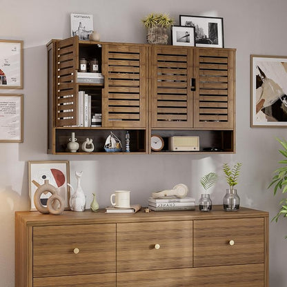 SMIBUY Bathroom Cabinet Wall Mounted, Bamboo Over-The-Toilet Storage Organizer, Space Saver Medicine Cabinet with 2 Door and Adjustable Shelves (Walnut)