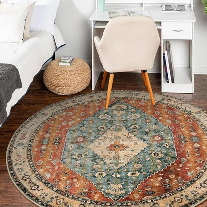 Lahome Felice Boho Tribal Round Rugs 5ft Washable Kitchen Round Area Rug, Non Slip Bedroom Living Room Circle Circular Rug, Oriental Low Pile Entryway Carpet for Bathroom (Rust/Dull Teal,5ft-Round)