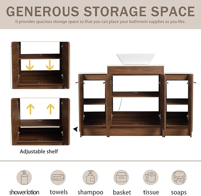 48" Bathroom Vanity, 48" Inch Freestanding Vanity with Ceramic Vessel Sink, Modern Single Sink Bathroom Vanity Combo, Brown Floor Stand Storage Cabinet Set with Soft-Closing Doors(BRE101, 48 * 18)